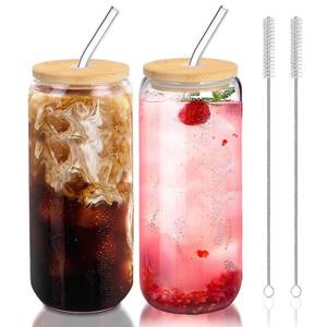 lot 26061 image: DAMCONME Glass Cups with Lids and Straws Set of 2 - Iced Coffee Cups with Lids for Cold Brew and Beer, 20 oz Can Shaped Glass with Bamboo Lids and Straws - Aesthetic Coffee Bar Gift for Coffee Lovers-MISS8NG 1 LID - Retail $15