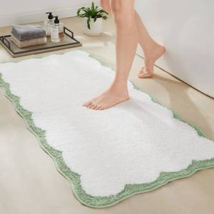 lot 26068 image: Ohocut Luxury Microfiber Scalloped Runner Rug, Sage Green Scalloped Piping White Long Bathroom Rug Cute Aesthetic Bath Mat for Bathroom, Tub, Sink, Shower, Anti Slip, Extra Soft, Absorbent, 47x24 - Retail $37
