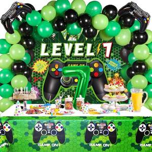 lot 26077 image: Vlipoeasn 90PCS Video Game Party Decorations for Boys Set - Green 7th Birthday Supplies - 7th Video Game Backdrop, Balloons, Tablecloth, Gamer and Foil Balloons - Retail $20