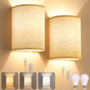 lot 26088 image: Plug in Wall Sconces Set of Two Wall Lights with OnOff Switch - Stepless Color Temperature Wall Mount Lamps - Fabric Linen Wall Sconce for Bedroom Living Room & Hallway- Indoor Corded Wall Sconces - Retail $27