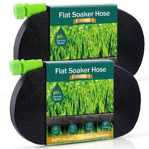 lot 26090 image: Soaker Hose - Flat Soaker Hose 100FT for Garden Beds, Water Garden Soaker Hose Linkable Consistent Drip Irrigation Hose Save 83% Water - Retail $26