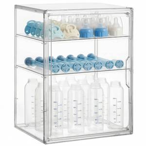 lot 26099 image: HBlife Baby Bottle Storage Organizer for Countertop Cabinet, 3 Tiers Adjustable Clear Acrylic Bottles Storage Station Case Box Container with 2 Removable Dividers and Magnetic Door, Large - Retail $30