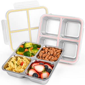 lot 26135 image: BGMAABQ 2 Pack Stainless Steel Snack Containers with Lids, Leakproof 4 Compartment Bento Lunch Boxes, Reusable Metal Meal Prep Food Storage Containers, Dishwasher Safe for Work, Travel, Picnic - Retail $20