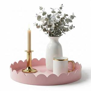 lot 26138 image: Gesodant 13 Round Scalloped Decorative Tray for Coffee Table Decor, Candle & Perfume Tray, Dining Table Centerpiece & Aromatherapy Candle Display, Modern Glossy Lacquer Look (Pink) - Retail $27