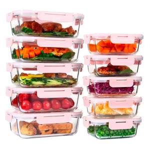 lot 26140 image: UMEIED 10 PACK Glass Food Storage Containers with Leak Proof Lids, Glass Airtight Meal Prep Containers Set for Lunch, On the Go, Leftover, Kitchen Pantry Organizers and Storage (Pink) - Retail $30