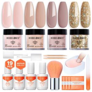 lot 26154 image: Modelones Dip Powder Nail Kit Starter Set, 4 Colors 19pcs Dip Powder Liquid Set Nude Pink Glitter Dipping Powder Set with Top & Base CoatActivatorPowder BrushRecycling Tray for Nails Manicure - Retail $13