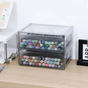 lot 26161 image: NINEWEEN Clear Desk Organizers and Accessories, Plastic Drawer Storage Bins for Home Office Supplies, Marker Pen, Art Crafts, Makeup, Stackable Container for Bathroom, Cabinet, Pantry, 2 Drawers - Retail $25