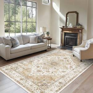 lot 60574 image: AMADA HOMEFURNISHING 6x9 Area Rugs, Beige Washable Rug Low-Profile with Non-Slip Backing & Durable Edge Binding, Vintage Rugs for Living Room, Bedroom, Dinning Room - Retail $90