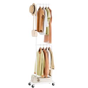 lot 60575 image: Gasvadivum Small Clothes Rack with Wheels, 71 Portable Rolling Clothing Rack with Bottom Metal Shelf, Garment Rack with Hanging Rod, Sturdy Freestanding Coat Rack for Bedroom, Entryway, White - Retail $30