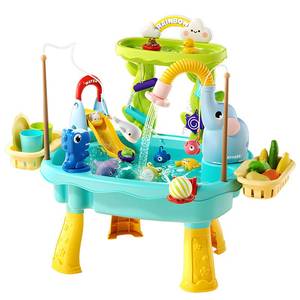 lot 60584 image: HUASHILUO 2027 Upgraded 4-in-1 Water Table for Toddlers 2-3, Kids Sensory Table with Electric Water Pump & Faucet, Kitchen Play Sink Toys with Food Accessories, Fishing Toy (NEW Blue) - Retail $40
