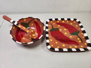lot 87 image: Chili Pepper Pottery Set - Bowl, Plate &amp Spoon Artist Signed