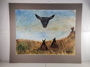 lot 108 image: Native American Plains Watercolor Painting with Buffalo Skull and Tepees