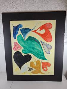 lot 122 image: Abstract Multi-Colored Hearts Watercolor Painting with Black Mat