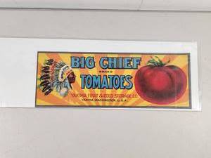 lot 129 image: Big Chief Brand Tomatoes Crate Label - Yakima Fruit & Cold Storage Co.