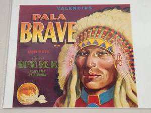lot 134 image: Pala Brave Brand Valencia Orange Crate Label - Bradford Bros. Placentia California