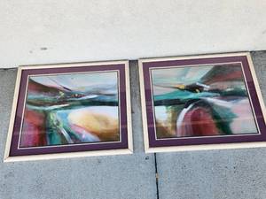 lot 140 image: Pair of Signed Abstract Landscape Prints in Purple Matted Frames