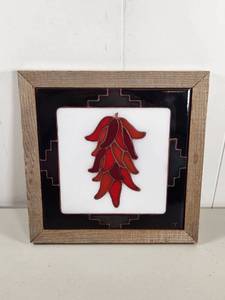 lot 141 image: Framed Mexican Ceramic Tile Red Chili Pepper Ristra Wall Art