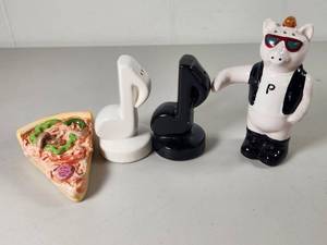 lot 170 image: Novelty Ceramic Salt and Pepper Shaker Collection - Pizza Slice, Music Notes, and Cool Pig
