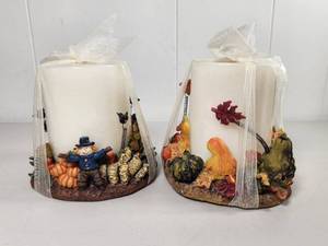 lot 176 image: Fall Harvest Decorative Pillar Candles with Resin Base Set of 2