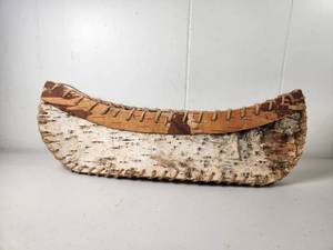 lot 198 image: Handmade Birch Bark Canoe Model with Twine Stitching