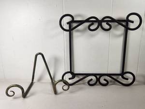 lot 200 image: Wrought Iron Scroll Picture Frame and Brass Easel Stand Set