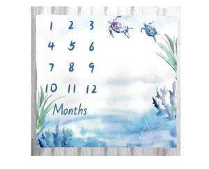 lot 37800 image: Baby Monthly Milestone Turtle Blue Ocean Nursery Blanket, Age Chart 48x40 Inch Swaddling BTXTLY45 - Retail $17