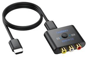 lot 37806 image: RCA to HDMI Converter - 16943 Conversion 1080P AV to HDMI Adapter for WiiPS1PS2N64X-boxDVDVCR,Composite CVBS Video Audio Converter with HDMI Cable Supports PAL,NTSC - Retail $14