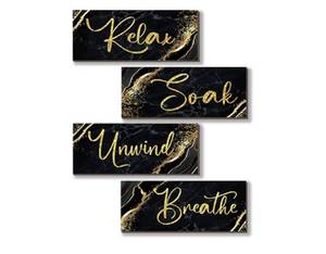 lot 37820 image: 4 Pcs Black and Gold Bathroom Decor Black Gold Wall Decor Relax Soak Unwind Breathe Wooden Rustic Marble Style Bathroom Accessories for Bedroom Living Room Decor Kitchen(10X4) - Retail $10
