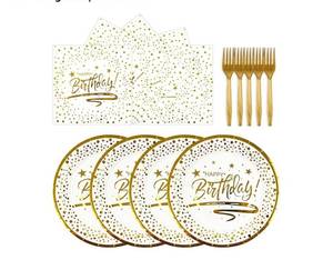 lot 37824 image: 72PCS Happy Birthday Plates and Napkins Party Supplies, White Gold Dot Paper Plates and Napkins with Forks Disposable Tableware Set for Birthday Party Decorations, Serves 24 - Retail $10