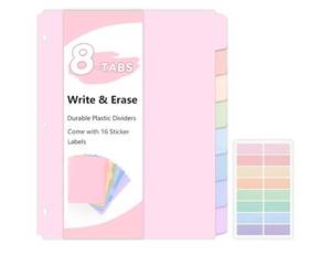 lot 37825 image: 8 Tab Binder Dividers, Letter Size, Durable Plastic Dividers for 3 Ring Binder, Write & Erase Binder Dividers with Tabs, 1 Set, Aesthetic Pastels Binder Divider for School, Office - Retail $4