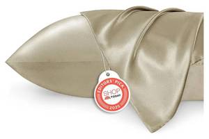lot 37828 image: Bedsure Satin Pillowcases, Similar to Silk Pillow Cases Queen Size Set of 2, Pillow Case for Sleeping Women with Envelope Closure, Gifts for Women Men, Khaki, 20x30 Inches, 2pcs - Retail $10