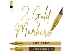 lot 37833 image: 2 Gold Acrylic Paint Markers - 0.7mm Extra Fine-Tip Metallic Paint Pens - Perfect for Crafting, Art Projects, & More - Retail $7