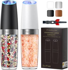 lot 37841 image: Electric Salt and Pepper Grinder Set, Upgraded 9 Oz Capacity Refillable Battery Operated Automatic Salt and Pepper Grinder Shakers Mill, Adjustable Coarseness One Hand Operation(Black & White) - Retail $20