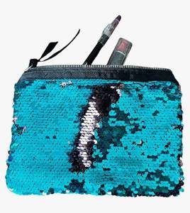 lot 37888 image: Flip Sequin Make Up Bag Reversible Mermaid Sequin Pouch Two Tone Sequins Clutch Bag Cosmetic Brush Holder (Turquoise & Pale Pink) - Retail $16