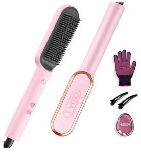 lot 37906 image: Hair Straightener Brush, TYMO Ring Hair Straightener Comb Straightening Brush for Women with 5 Temps 20s Fast Heating & Dual Voltage, Pink - Retail $50