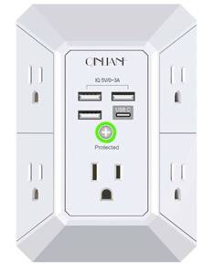 lot 37915 image: Wall Charger, Surge Protector, QINLIANF 5 Outlet Extender with 4 USB Charging Ports, 3-Sided 1680J Power Strip Multi Plug Adapter Spaced for Home Travel Office - Retail $10
