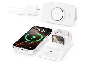 lot 37933 image: 2026 Traveling Portable Wireless Mag-Safe Fast Charging Station, Magnetic 3 in 1 Charger for iPhone 17 16 15 14 13 12 Pro Max Plus, Apple Watch Series & Air pods 4 3 2 Pro-Gifts for Family - Retail $12