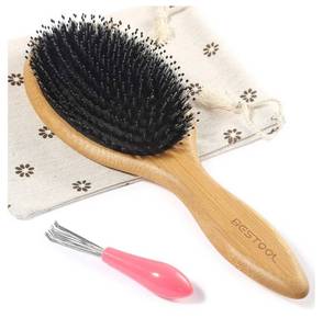 lot 37937 image: Hair Brush-Boar Bristle Hair Brushes Natural Bamboo Wooden Cushion Massage Anti Static Large Paddle Hairbrush for Women Men and Kid (Round) - Retail $10