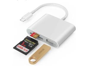 lot 37948 image: SD Card Reader, USB 3.0 Type C High Speed to SDTF Card Adapter for iPhone 171615 Pro Max Memory Card Reader with SD MicroSD USB 3 Port for MaciPadMacBook ProAir Android Phone Tablet(White) - Retail $10