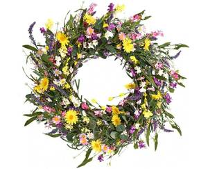lot 37970 image: Spring Wreath 24 Inch Summer Wreaths for Front Door Artificial Flower Wreath with Daisy and Lavender for Indoor Outdoor and Easter - Retail $40