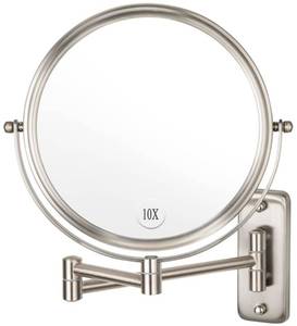 lot 37974 image: Wall Mounted Makeup Mirror - 1X10X Magnifying Mirror Double Sided, 8 Inch Extendable Bathroom Mirror, Nickel Finish - Retail $40