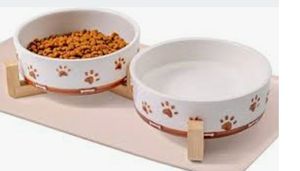 lot 37977 image: Bowls Set for Small Breeds, Beautiful Ceramic Stone Alike Style, Pet Bowl Set with Wooden Stand, Non-Slip, Modern Food or Water Dishes for Small Size Dogs - Retail $39