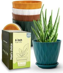 lot 37985 image: 6 Inch Indoor Planter Pots with Drainage Hole and Tray Saucer, Flower Pots for Indoor Outdoor Garden Plants and Flowers, Multicolor, 5 Packs - Retail $22