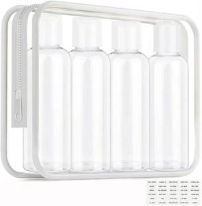 lot 37994 image: Clear Toiletry Travel Bottles, 3.4oz100ml TSA Approved Empty Containers with Toiletry Bag - Cosmetic Kit with Labels for Shampoo, Conditioner, Lotion, and Airplane Accessories(4Pack, White) - Retail $7