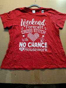 lot 38014 image: Weekend Forecast Cross Stitch No Chance of Housework Red Graphic T-Shirt XXL - Retail $12