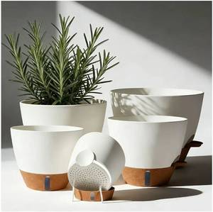 lot 38033 image: 76.565.55 Inch Self Watering Pots, Plastic Flower Pots with Multi Mesh Drainage Holes and Deep Reservoir for Indoor Outdoor Garden Plants and Flowers (White, 55.566.57) - Retail $16