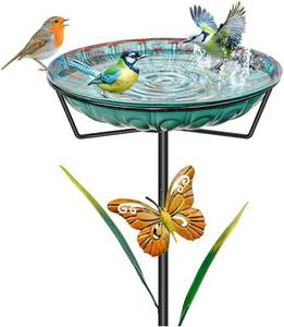 lot 38036 image: Metal Bird Bath for Outside, 35In Freestanding Birdbath with 5-Pronged Sturdy Base, Removable Easy Clean Birdfeeder Bowl with Butterfly & Leaf for Outdoors Garden Patio Yard Lawn Decor(Blue) - Retail $25