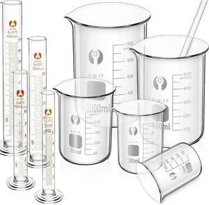 lot 38039 image: 10 Pieces Glass Measuring Beaker and Graduated Measuring Cylinder with Stirring Rod 50100 250500 1000 ml Thick Glass Beakers and 510 50100 ml Graduated Cylinders for Science Lab - Retail $27