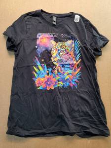 lot 38048 image: Black Graphic T-Shirt with Neon Leopard and Tropical Floral Design, M - Retail $12