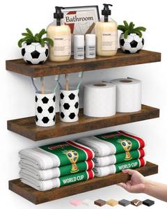 lot 7703 image: BAYKA Bathroom Floating Shelves for Wall Set of 3 - Rustic Brown Farmhouse Wood Shelves Over Toilet for Bedroom, Kitchen, or Living Room Decor Display, Storage for Plants, Toilet Paper or Bath Towels